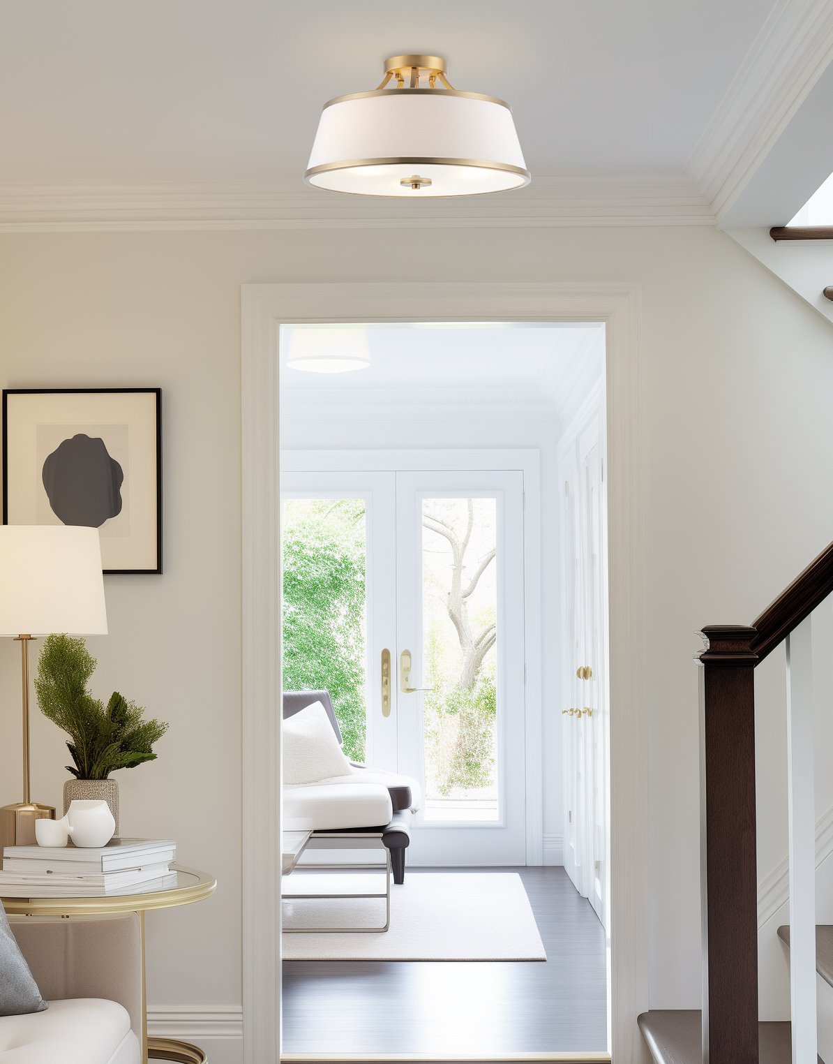 Kira Home Zoey 18" Modern Gold Semi Flush Mount with White Tapered Fabric Shade, 3-Light Ceiling Light, Warm Brass