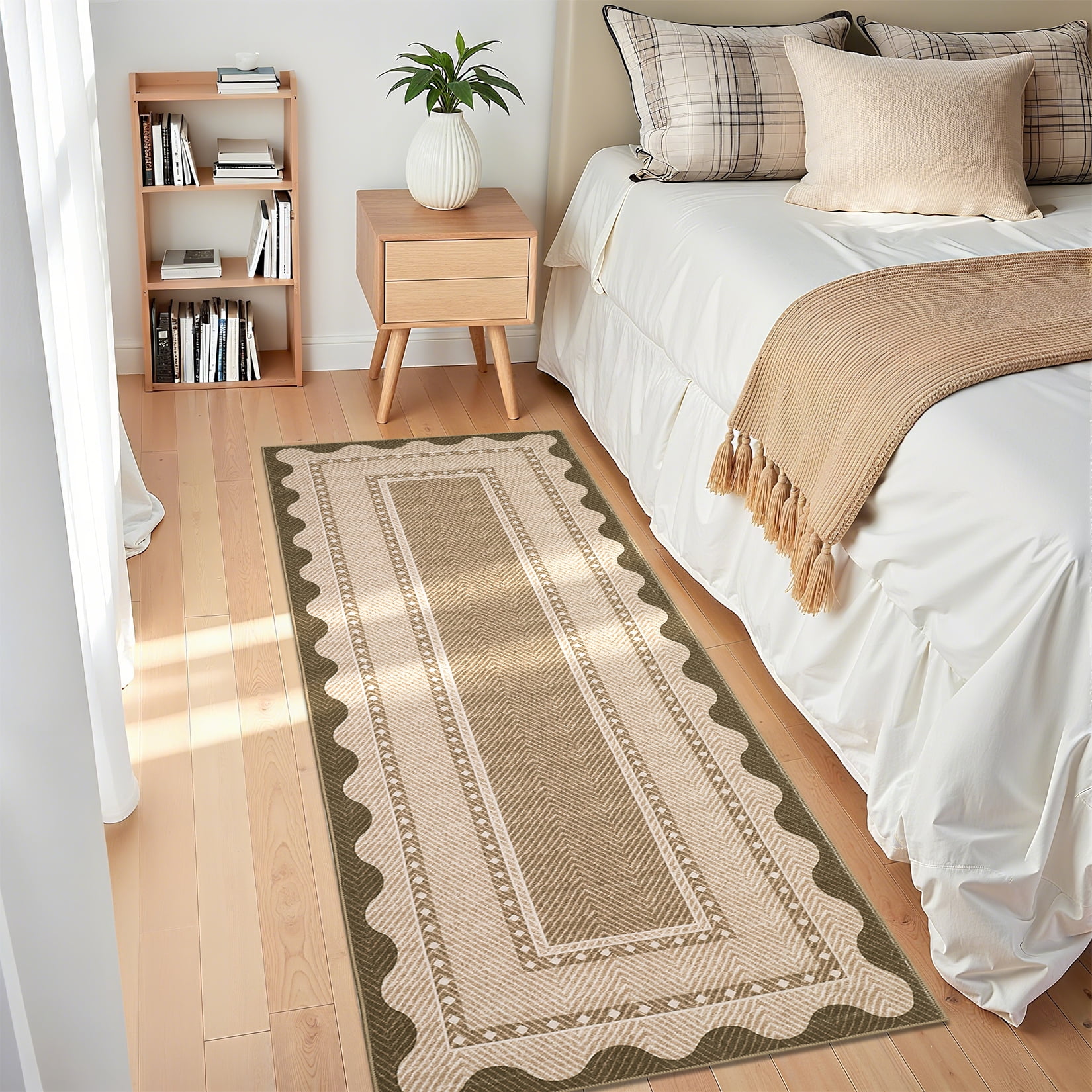 Hallway Runner Rug 2x6 Washable Modern Neutral Area Rug Non Slip Low Pile Border Kitchen Mats for Floor Contemporary Foldable Soft Accent Carpet for Bedroom Entryway Linen Color