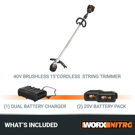 WORX - Nitro 40V 15" Cordless Straight Shaft Grass Trimmer (2 x 4.0 Ah Batteries & 1 x Charger) - Black