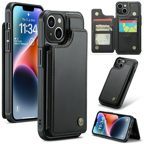 Fun-Casery for iPhone 14 Case with Card Holder, RFID Blocking Wallet Case Durable PU Leather Kickstand Slim Heavy Duty Shockproof Protective Case for iPhone 14,Black
