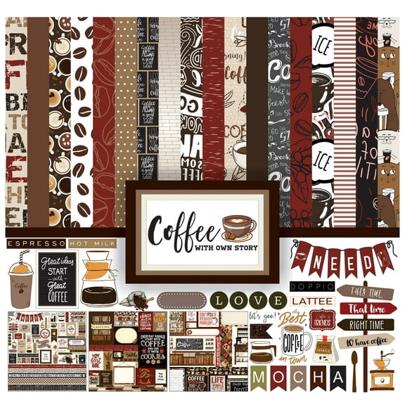 Inkdotpot Coffee Theme Collection Double-Sided Scrapbook Paper Kit Cardstock 12"x12" Card Making Paper Pack With Sticker Sheet - 16 Pages - Brown & Black