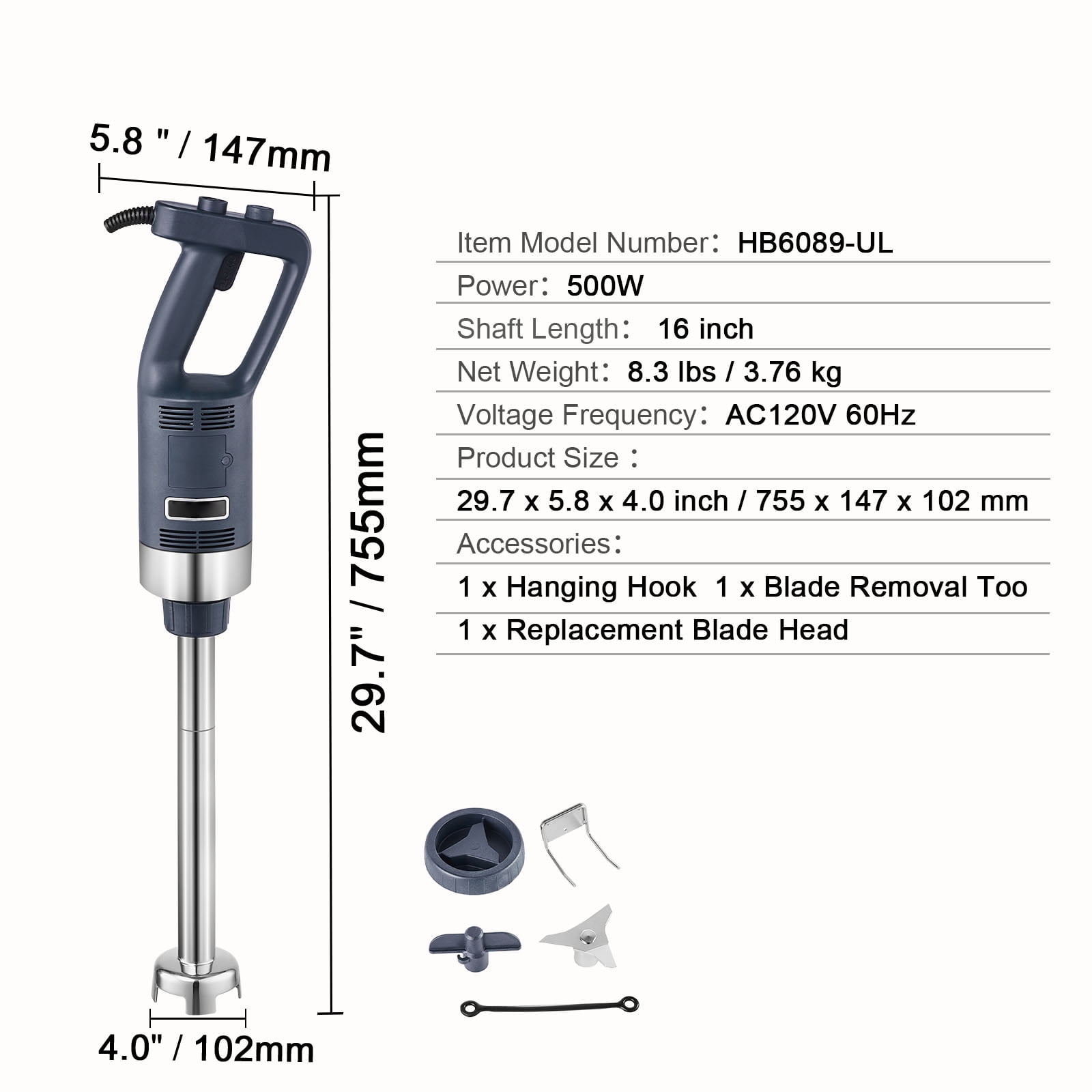 KFFKFF Professional Handheld Blender, 500W Robust Motor, 16-inch Adjustable Speed, Stainless Steel Blade, Versatile Stick Mixer for Soups, Sauces, and Creamy Mashed Potatoes