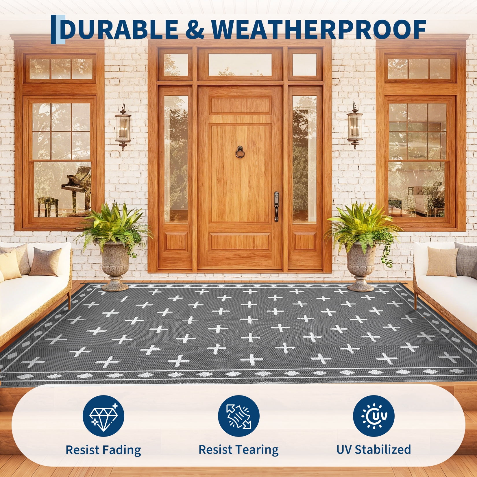 Volkmi Reversible Geometric Outdoor Rug – Waterproof, UV Resistant Low-Pile Plastic Mat for Patio, Garden, Camping, Easy to Clean, Large Area Carpet, Grayish White 9*12 ft