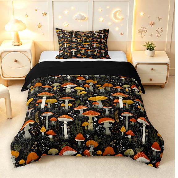 Homewish Botanical Mushrooms Twin Comforter Sets,Vintage Botanical Fungi Bedding Set,Red Yellow,Black Reversible,2-Piece,1 Comforter and 1 Pillowcase