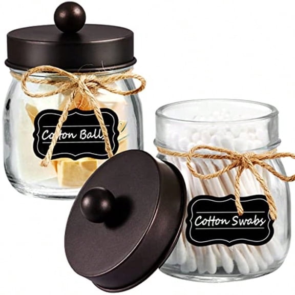 Mason Jar Bathroom Vanity Organizer - Rustic Farmhouse Decor Bronze Bathroom Accessories -- Qtip Dispenser Holder Canister Glass for Q-tipsCotton Swabs Rounds Ball Flossers/ Bronze 2-Pack