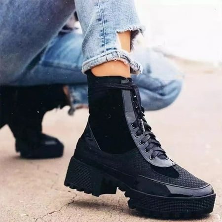 

YOTAMI Women s Shoe Canvas Front Lace Up Belt Buckle Leather Stitching Platform Boots Party Black 6.5