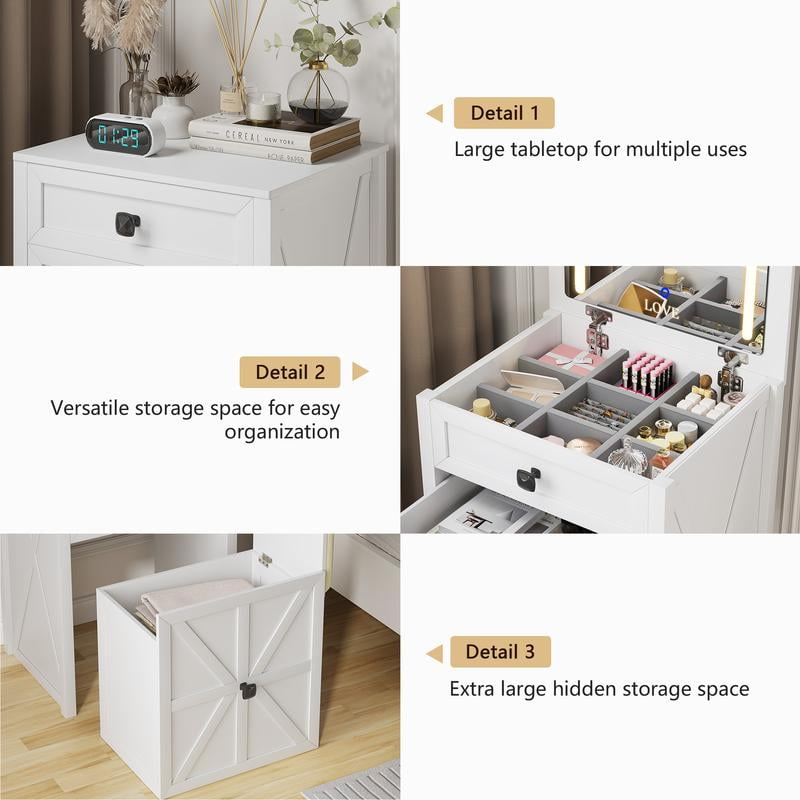 Miu Farmhouse 3 in 1 Vanity with Mirror, 3-Color Adjustable Lighting, Cushioned Stool for Bedroom Organization & Beauty Routines