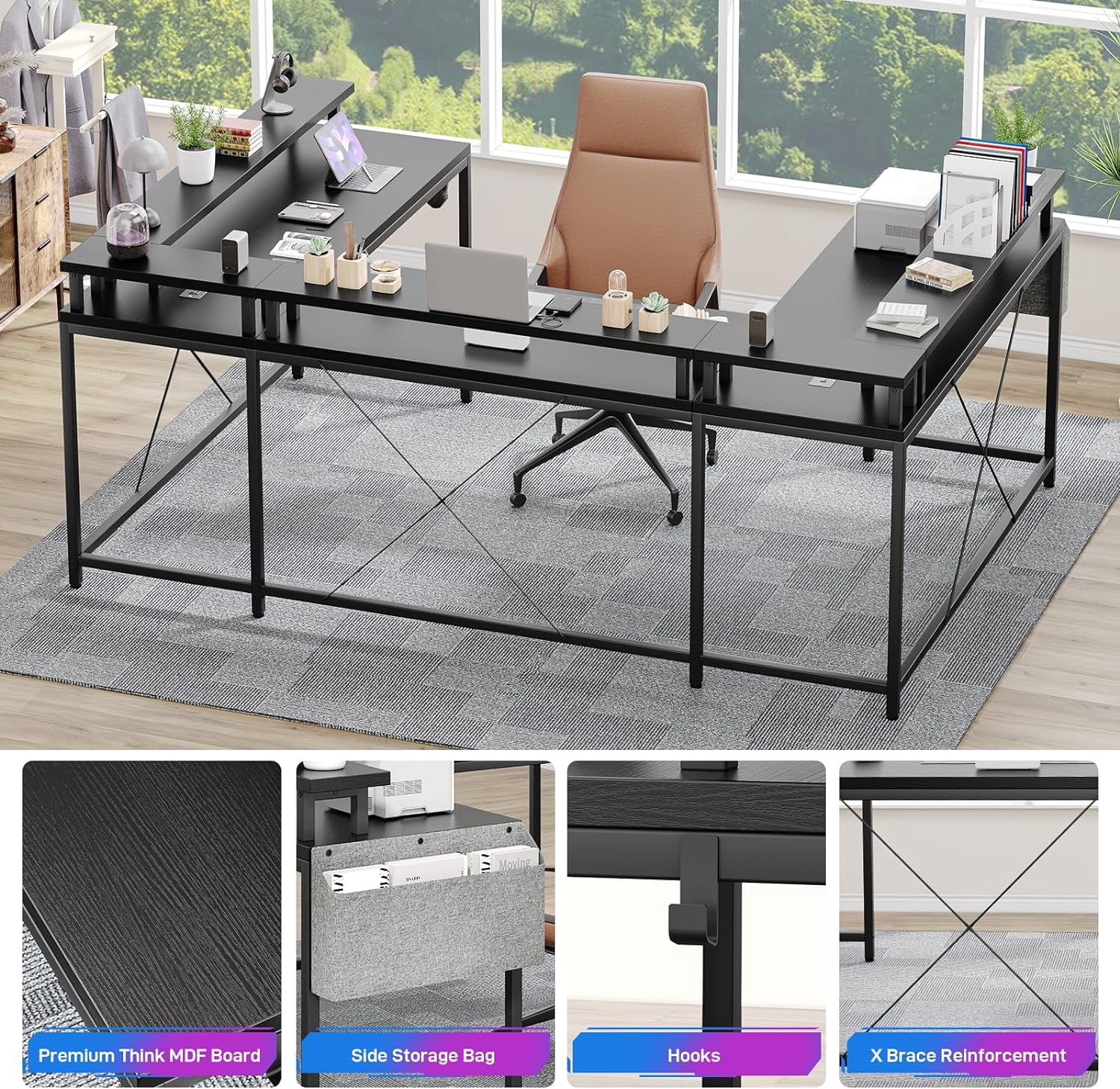 U Shaped Desk with Power Outlets & LED Lights, 79" Reversible L Shaped Desk, Corner Computer Desk Office Desk with Full Monitor Stand, Black