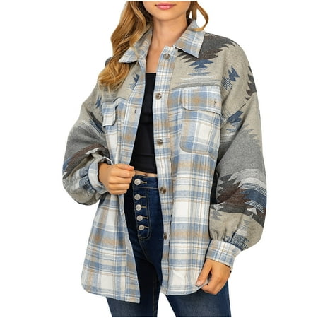 

Trench Coats for Women Fall Jackets for Women Winter Women Plaid Lapel Woolen Button Up Pocketed Long Sleeve Splicing Shirt Coat Jacket Outwear Cardigan Sweaters for Women Blue S