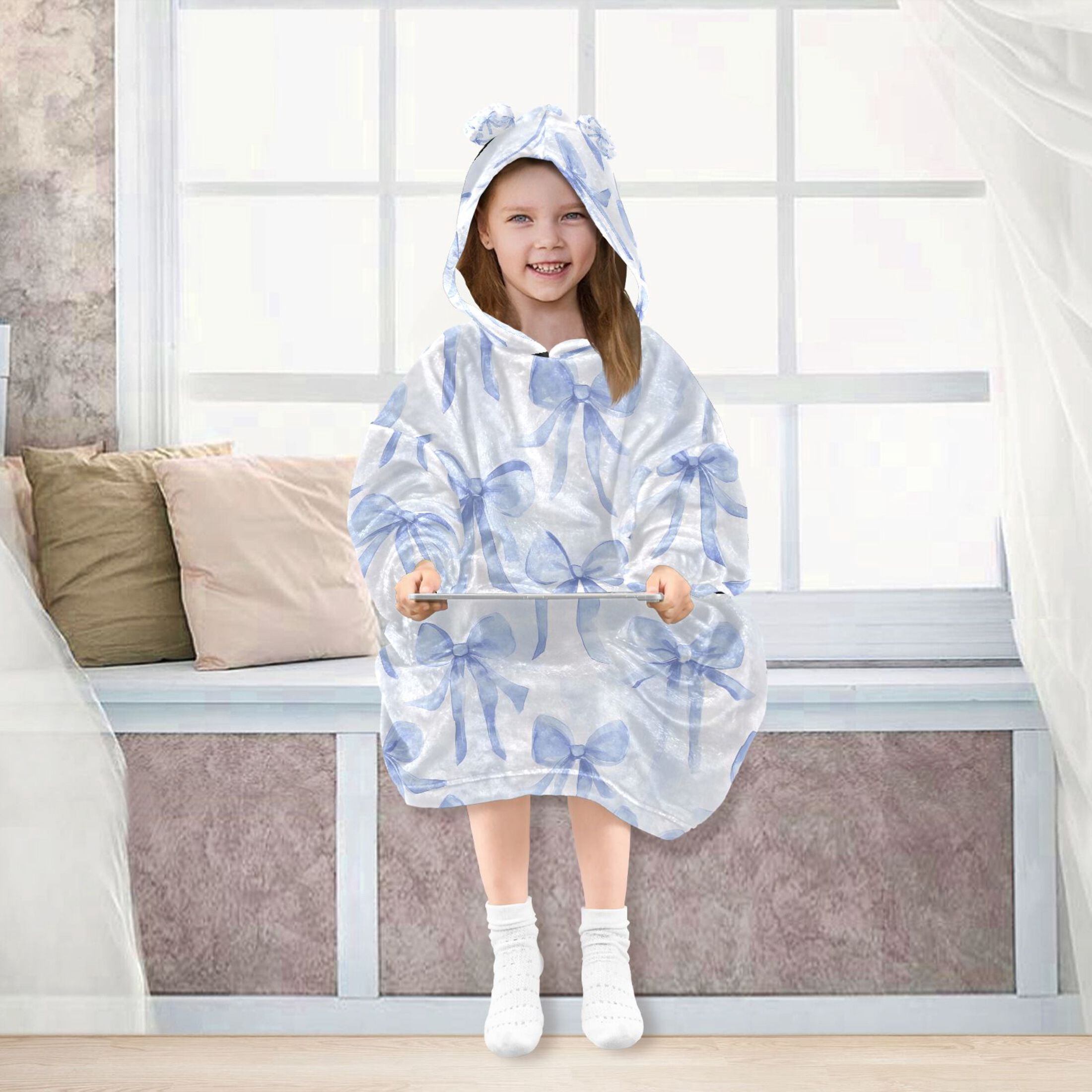 joogoo Wearable Blanket Hoodie for Watercolor Bow Blue Flannel Sherpa Pocket 3-14 YR S