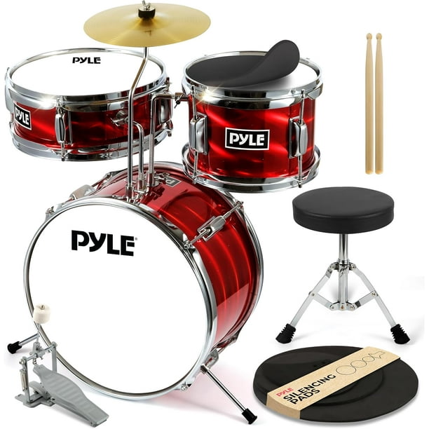 Set de Batería para Niños Premium Pyle, Kit para Principiantes Junior de 3 Piezas con Bombo de 13", Incluye Redoblante, Tom, Platillo, Trono Ajustable, Silenciadores y Baquetas, Rojo
