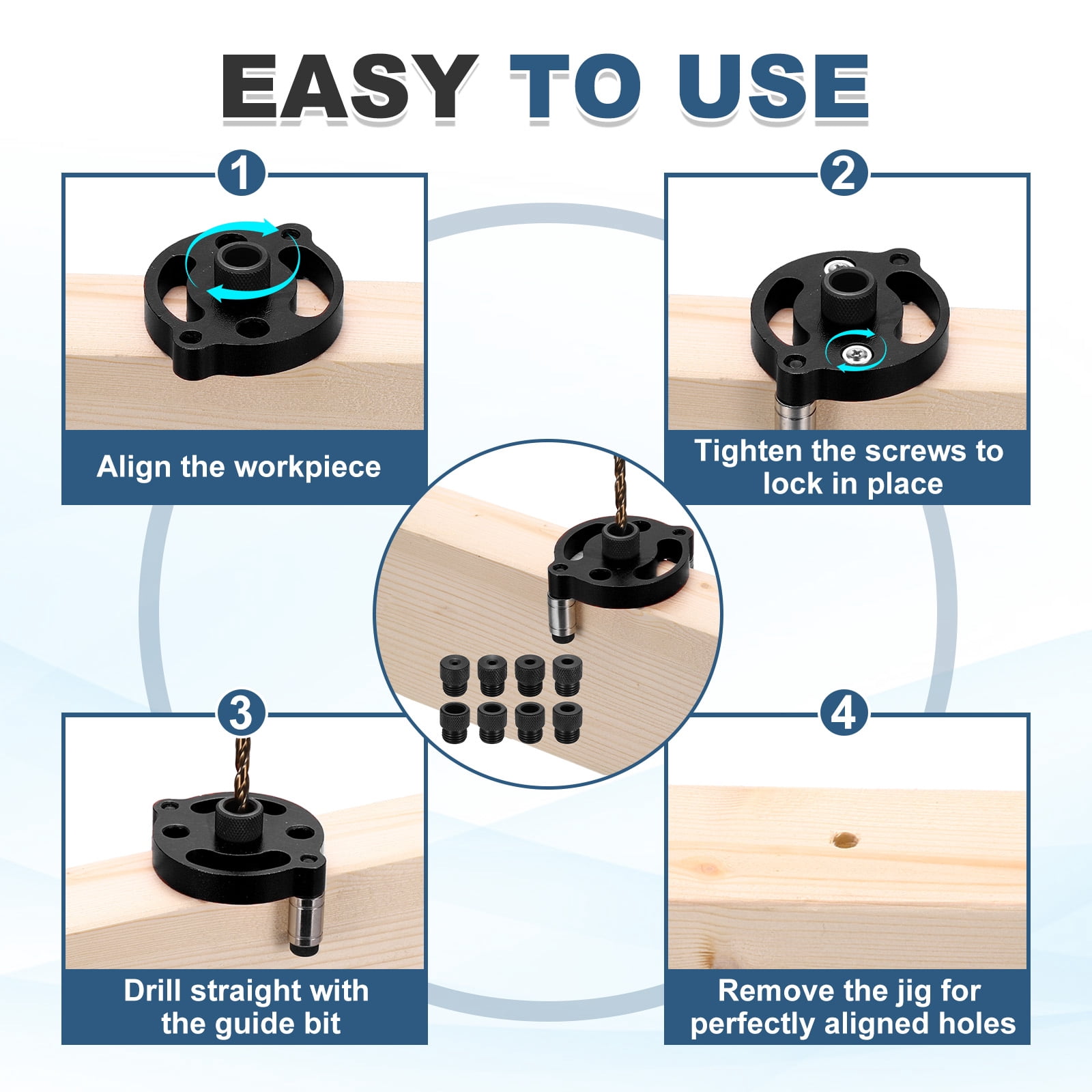 Uxcell Self Centering Doweling Jig Kit Straight Holes Puncher Dowel Jig Locator with Drill Bushings Woodworking Joints Tool for Precise Straight Holes, Black