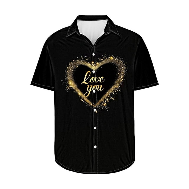 Camisas de Manga Larga para Hombres Día de San Valentín Impreso Botón Solapa, Camisa de Manga Corta Casual para Regalos