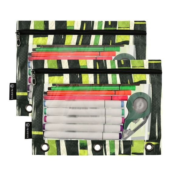 Ckdifva Bamboos Stripe Pencil Pouch 3 Ring Zipper Pencil Case Binder Pockets Clear Top Cosmetic Bag 2 Pack