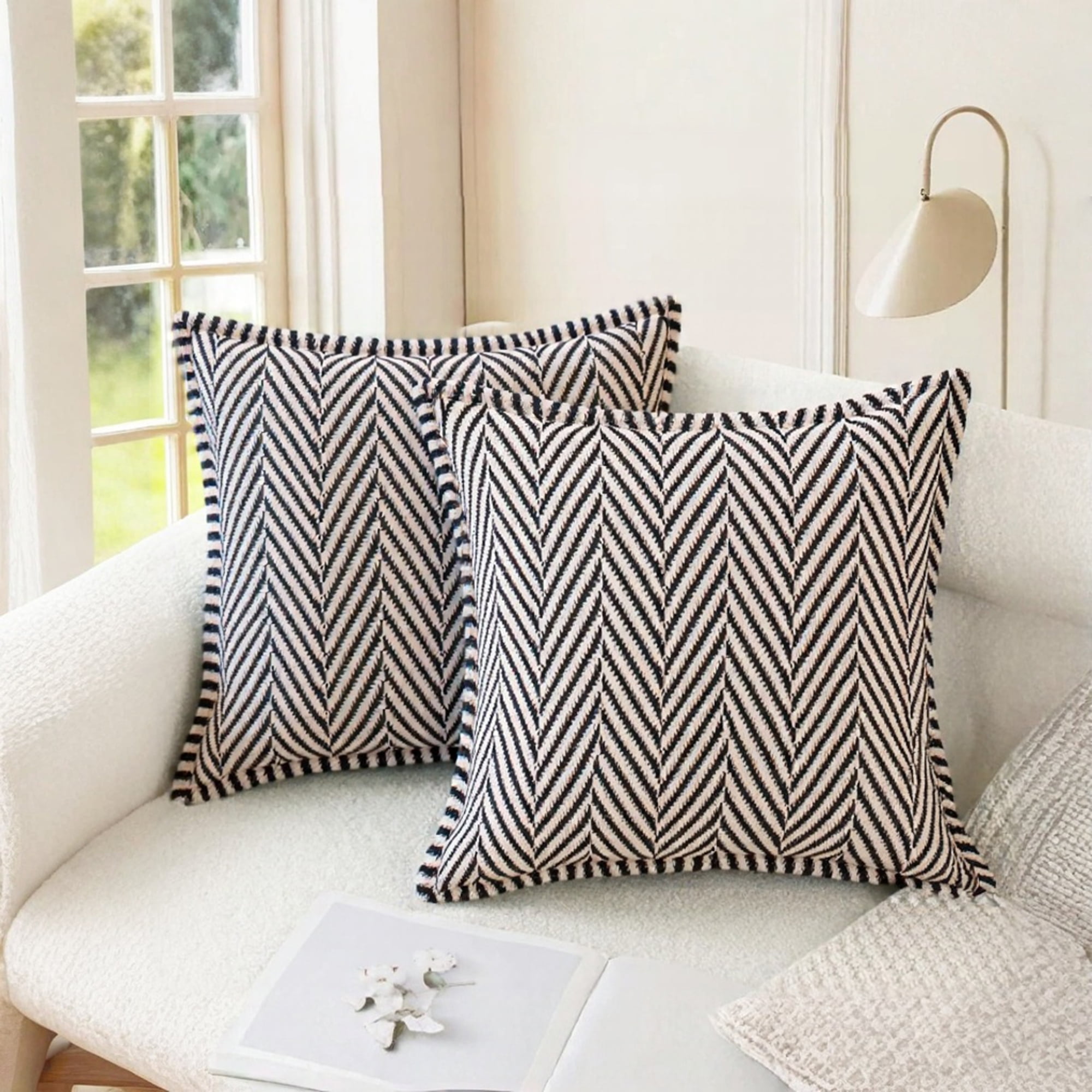 Unique Bargains Pack of 2 Chenille Soft Striped Modern Throw Pillow Covers Khaki Black