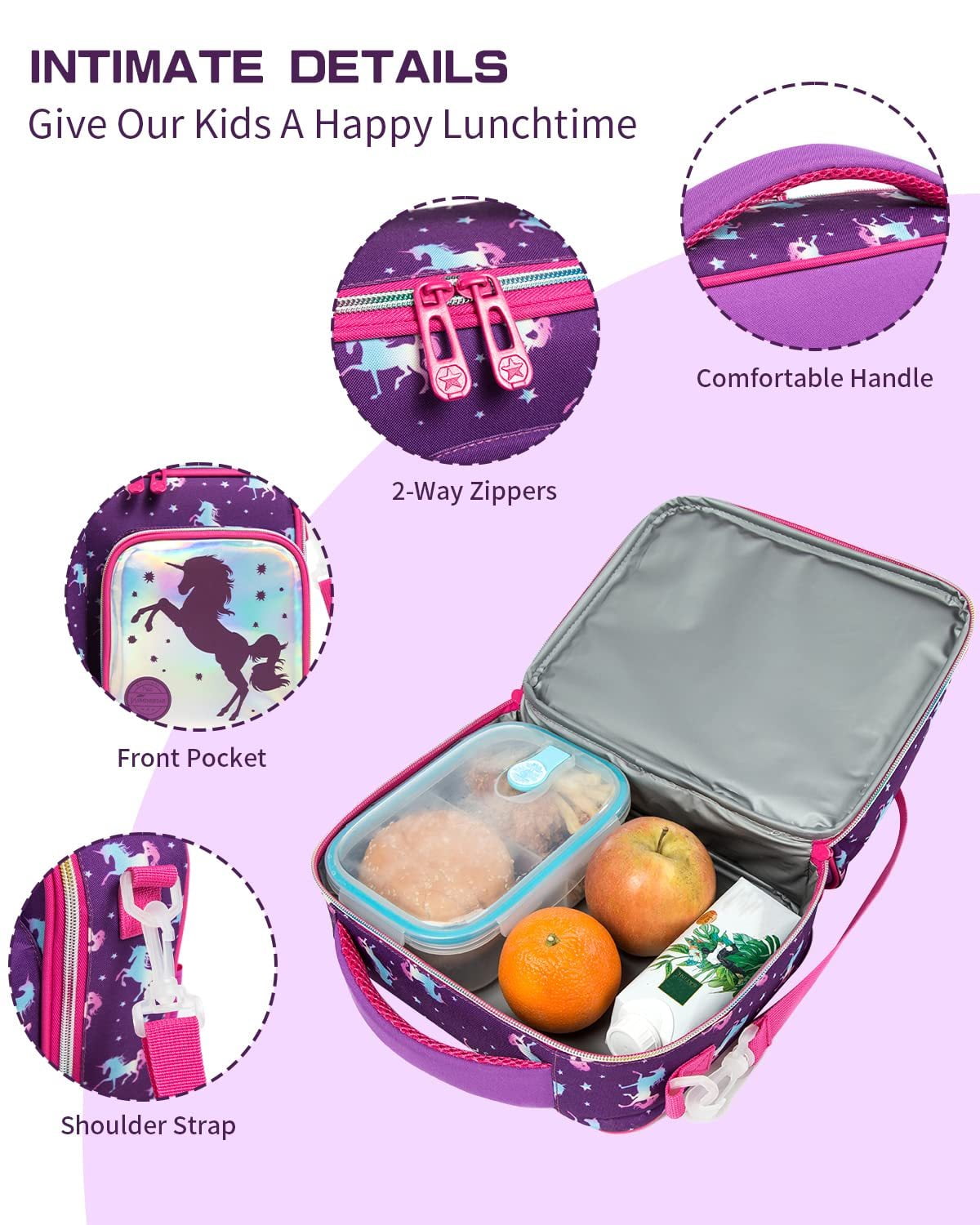 MIER Kids Lunch Bag Insulated Toddlers Lunch Cooler Tote, Purple Unicorn