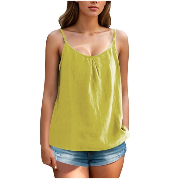 XFLWAM Womens Camisole Tank Tops Causal Crew Neck Sleeveless Linen Tops Summer Loose Fit Spaghetti Strap Cami Shirts