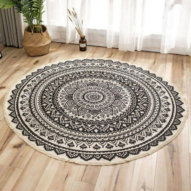 Cotton Area Rugs Washable Chic Bohemian Mandala Hand Woven Rugs with Tassels Indoor Throw Area Rug for Living Room Kids Room 35.43”