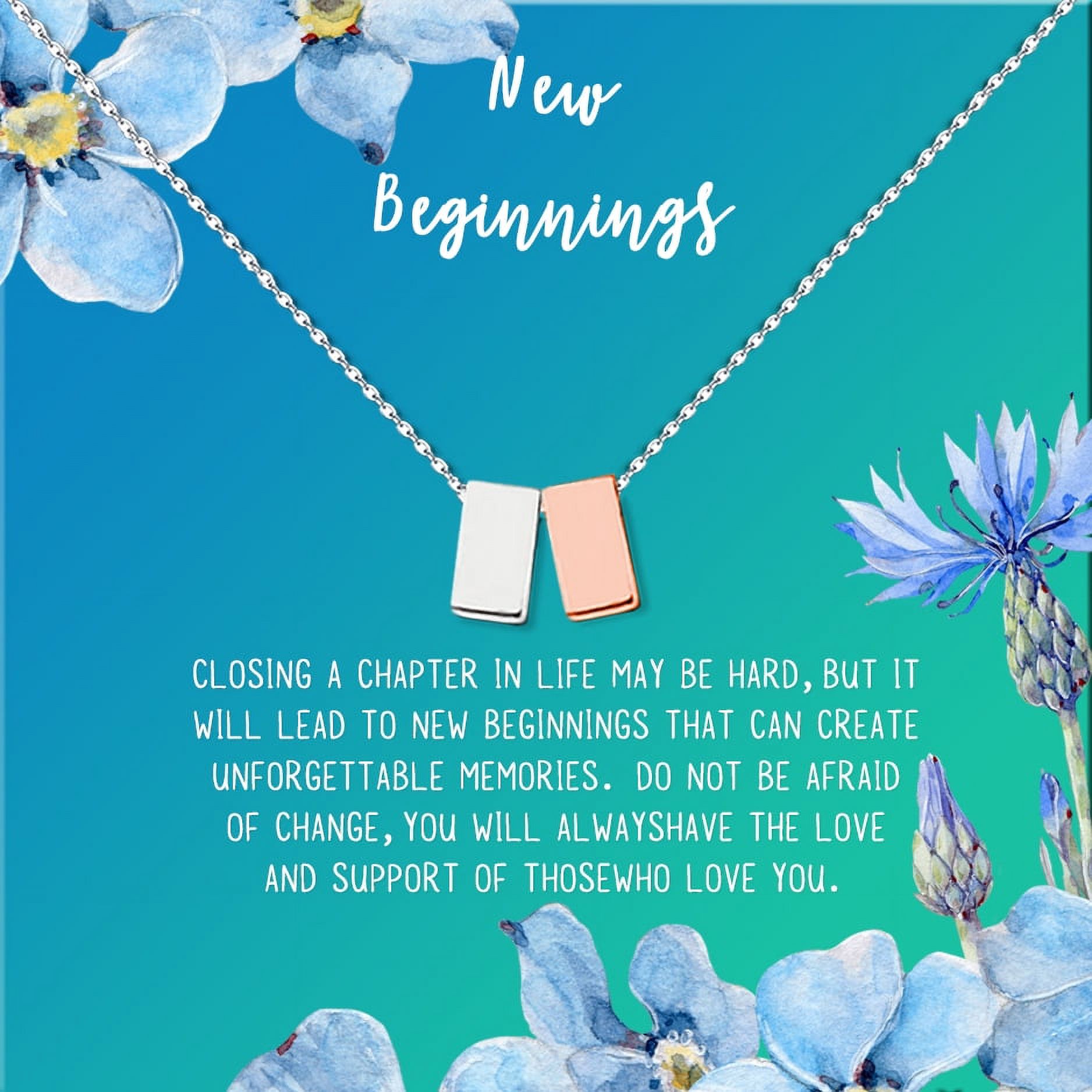 Anavia New Beginnings Gift Card for Her, New Job Gift, New Relationship Gift Card, Cheer up Gift Necklace, Encouragement Gift for Daughter-[Silver and Gold Double Cube, Bright Blue Gift Card]