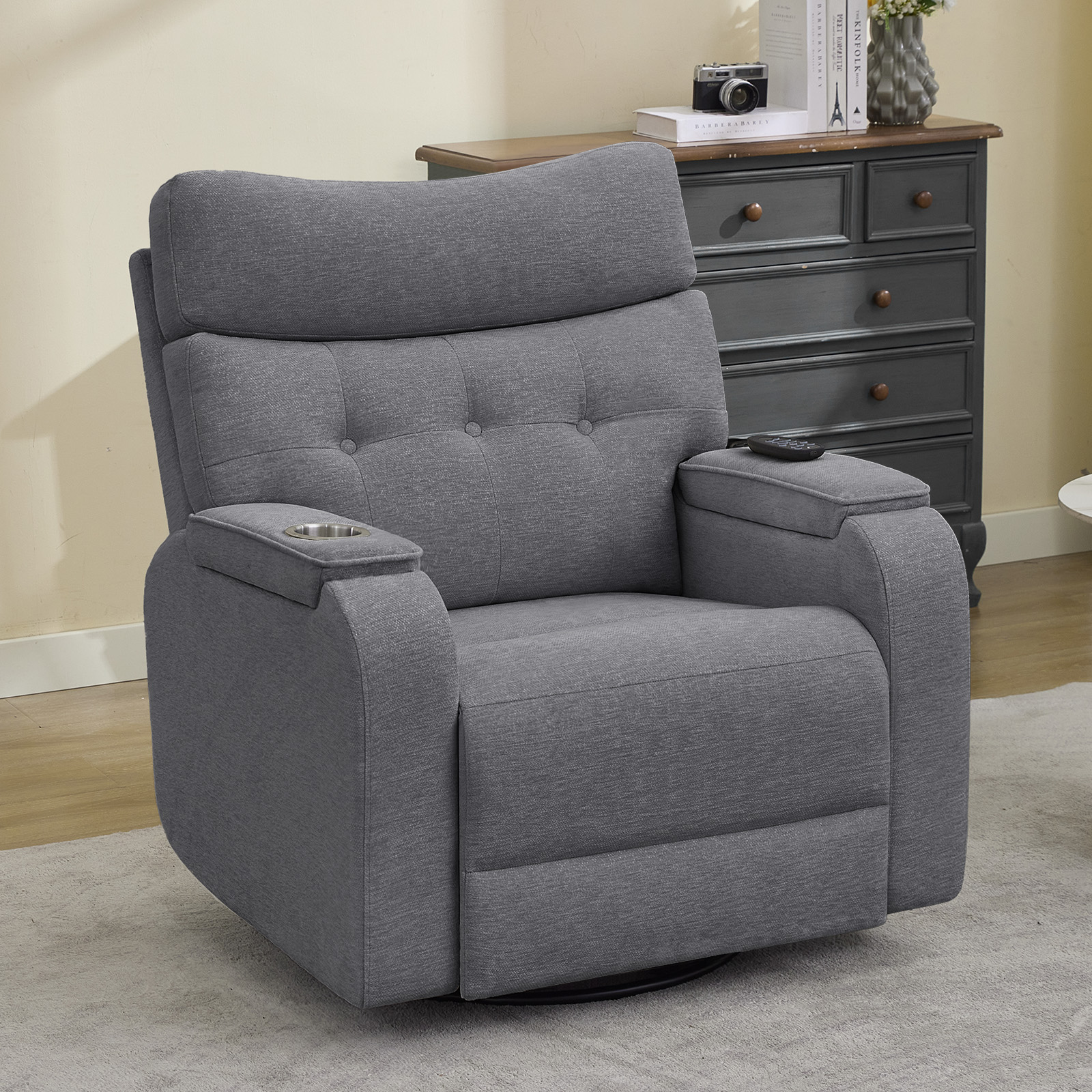Aemeios 22in Wide Power Recliner Chair with Massage and Heat, Swivel Rocker, Grey