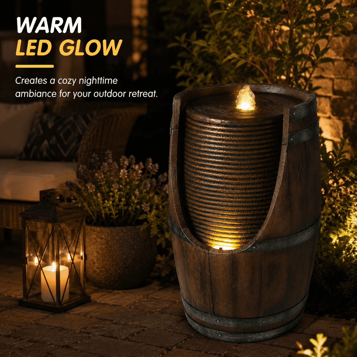 Aukfa Farmhouse Barrel Outdoor Water Fountain with LED Lights for Patio Garden Yard,Brown