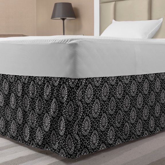 Charcoal Grey Bed Skirt, Old and Traditional Design of Damask Resembling Motifs Ornamental Details, Elastic Bedskirt Dust Ruffle Wrap Around for Bedding Decor, 4 Sizes, Pale Taupe, by Ambesonne