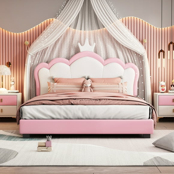 MODERNLUXE Full Size Upholstered Platform Bed,Princess Bed Frame with Crown Headboard and Solid Wooden Slats for Girls,No Box Spring Needed,Pink