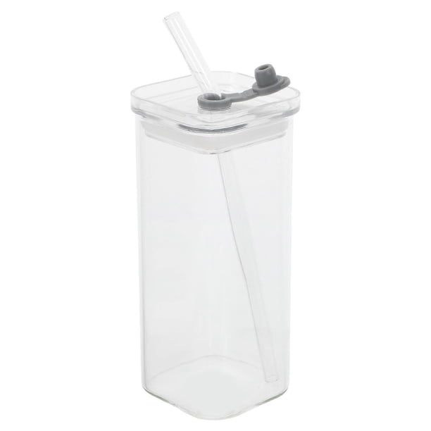 Square Glass Tumbler with Lid and Straw 350ml Transparent Drinking Cup for Cold Beverages Portable Reusable