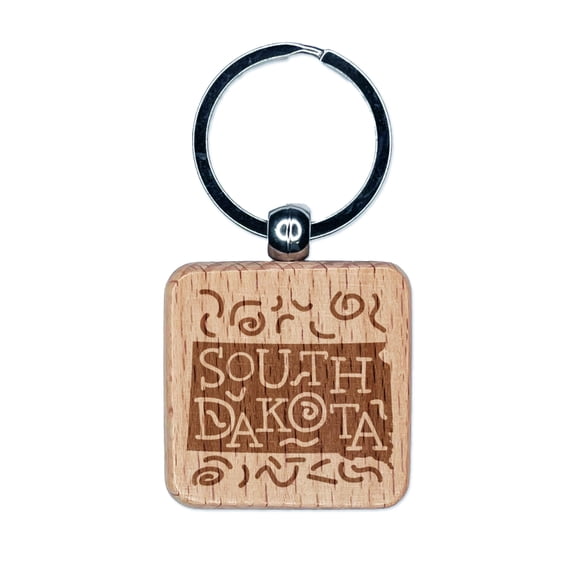 South Dakota State with Text Swirls Square Keychain Charm Tag - Engraved Wood