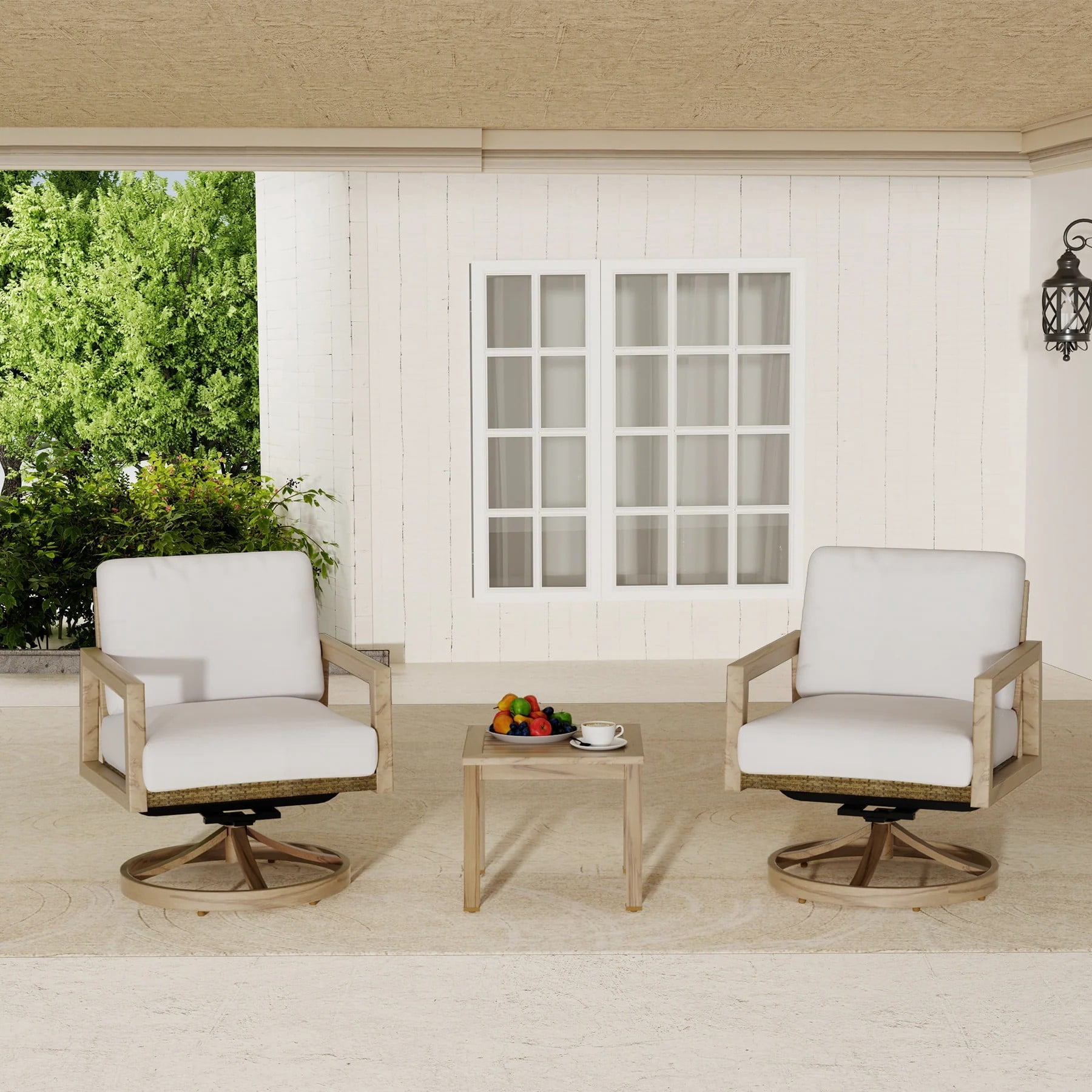 3-Piece Patio Swivel Chair Set, Outdoor Bistro Set with 360° Swivel Chairs, Wicker Back & Woodgrain Table, Cushioned Conversation Set for Balcony Porch
