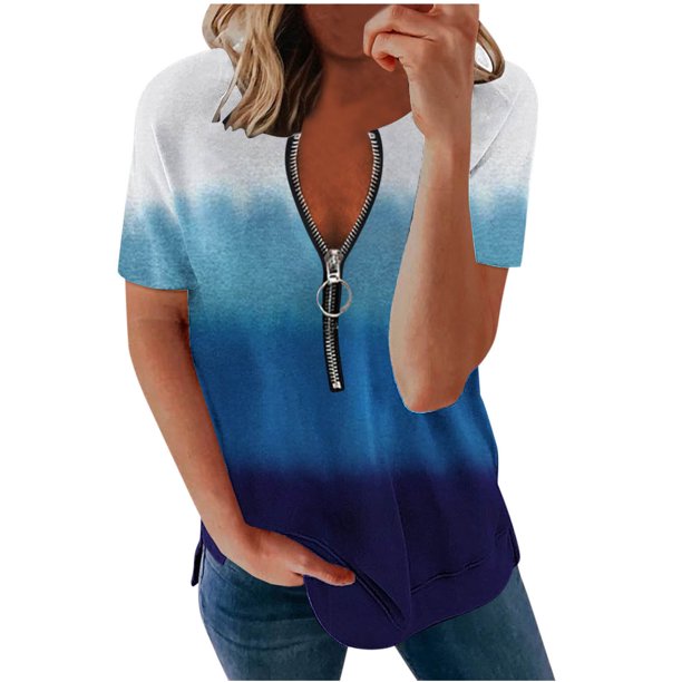 Moda Mujer Casual Cremallera Manga corta Cuello en V Impreso Señoras Tops Blusa Pompotops hkajfhjk464390
