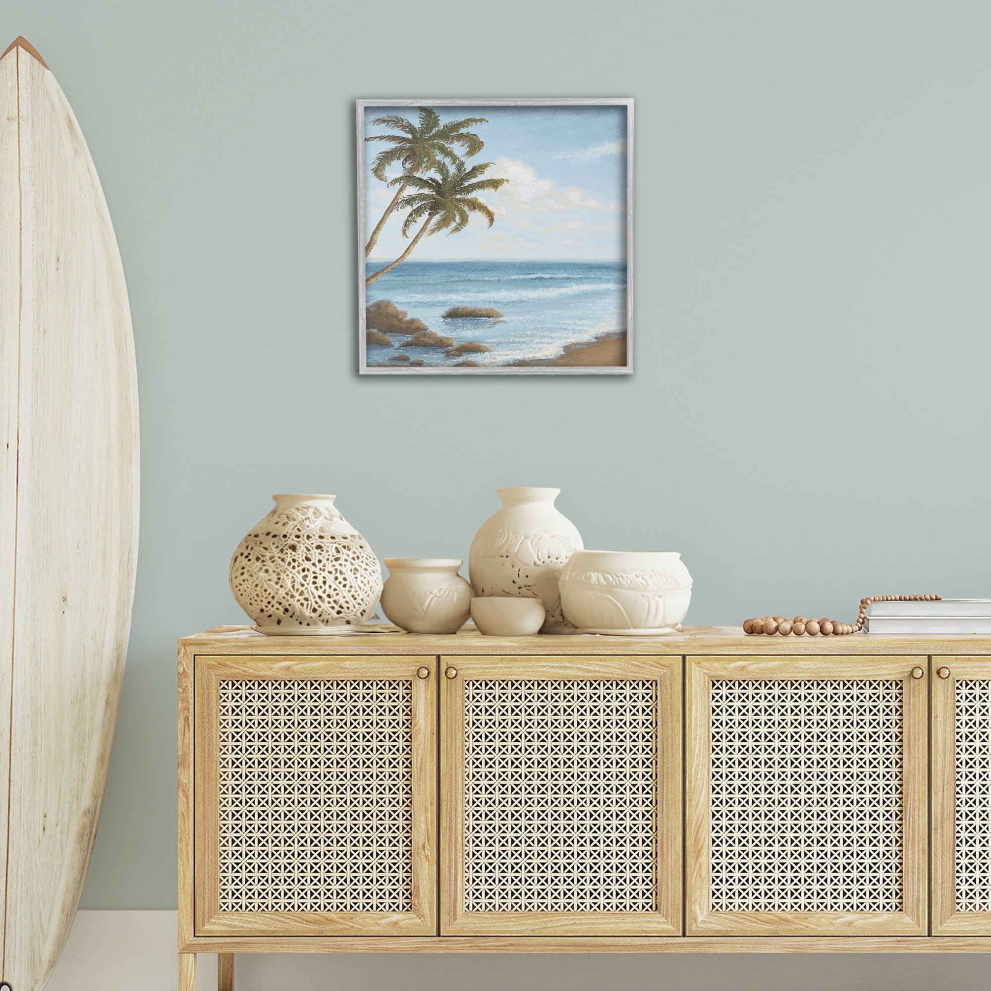 Stupell Industries Palm Trees Looming Beach Coastal Painting Gray Framed Art Print Wall Art, 24 x 24