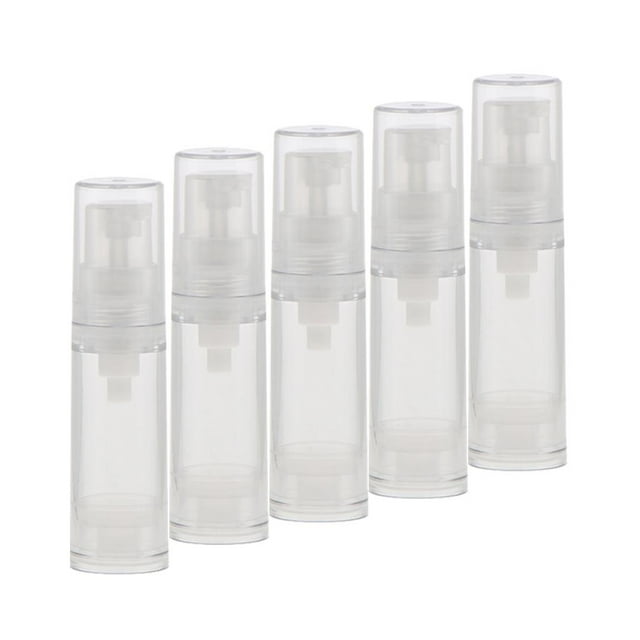 5 uds. atomizador airless recargable botella de spray para loción y crema botella con bomba para el 5ml lote de cinco envases dispensadores transparentes de 5 ml con tapa y bomba airless, cilindros de plástico (polipropileno/ABS) con boquilla central y disco interno visible, cuerpo liso y base plana; indicadas para cremas y lociones, a menudo usadas también para muestras de viaje.