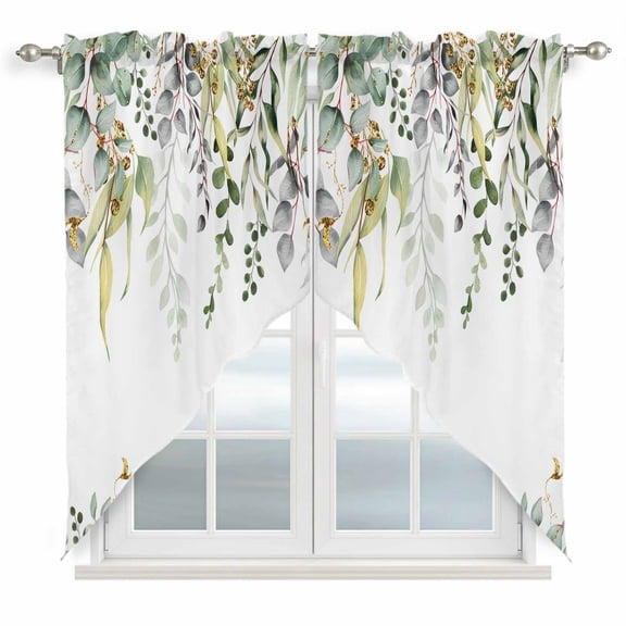 Swag Valance Curtains for Windows, Eucalyptus Light Filtering Kitchen Curtains with Rod Pocket, Sage Green Botanical Weeping Leaf Decorative Window Treatment Valances for Living Room, 36x45 - 2 PCS