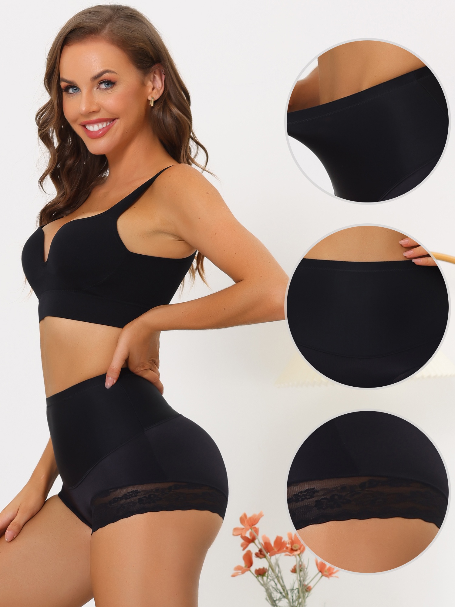 DARING DIVA Women's High Waisted Lace Brief Shapewear Tummy Panty Bodyshaper S Black