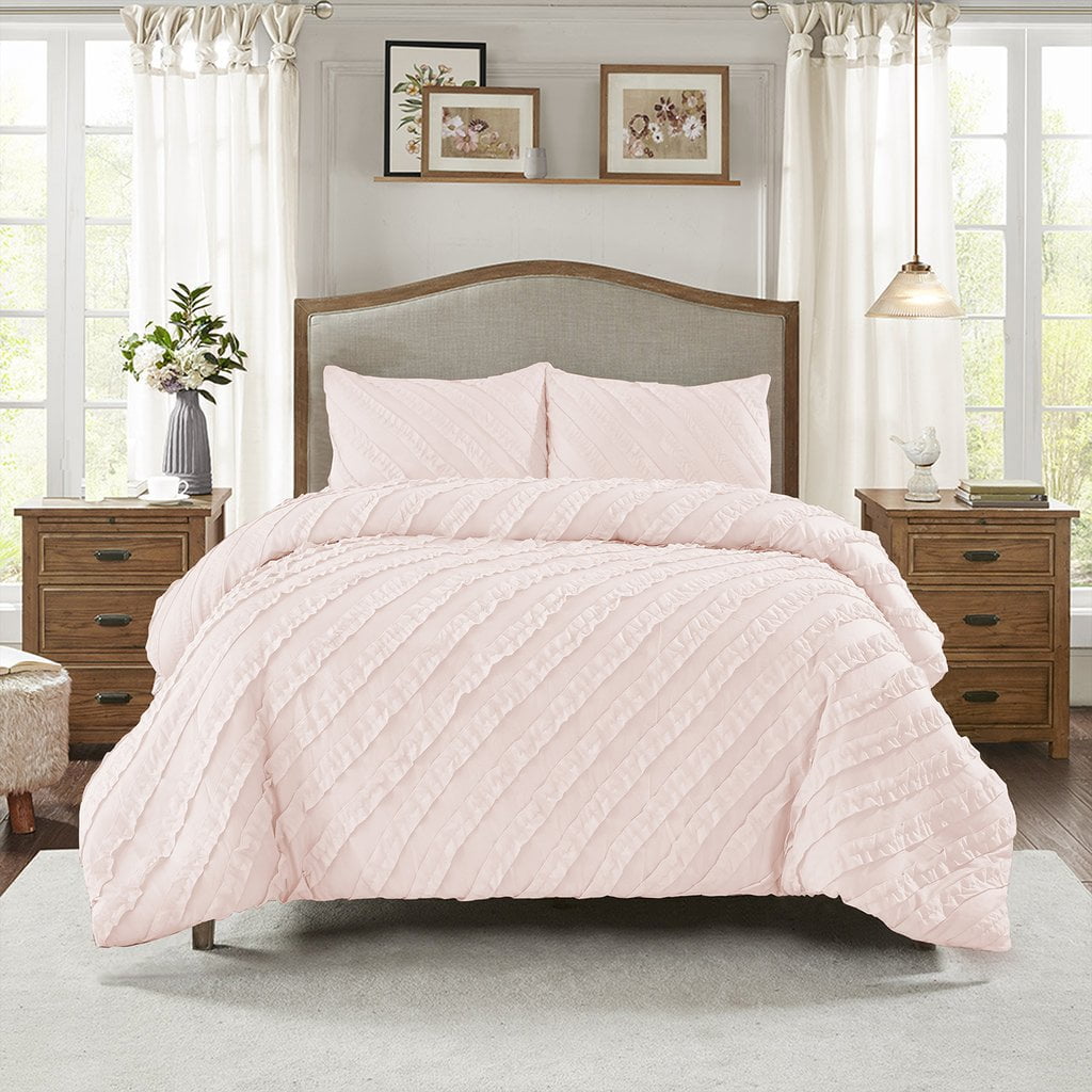 3 Piece Blush Queen Size Feminine Ruffle Stripe Duvet Cover 100