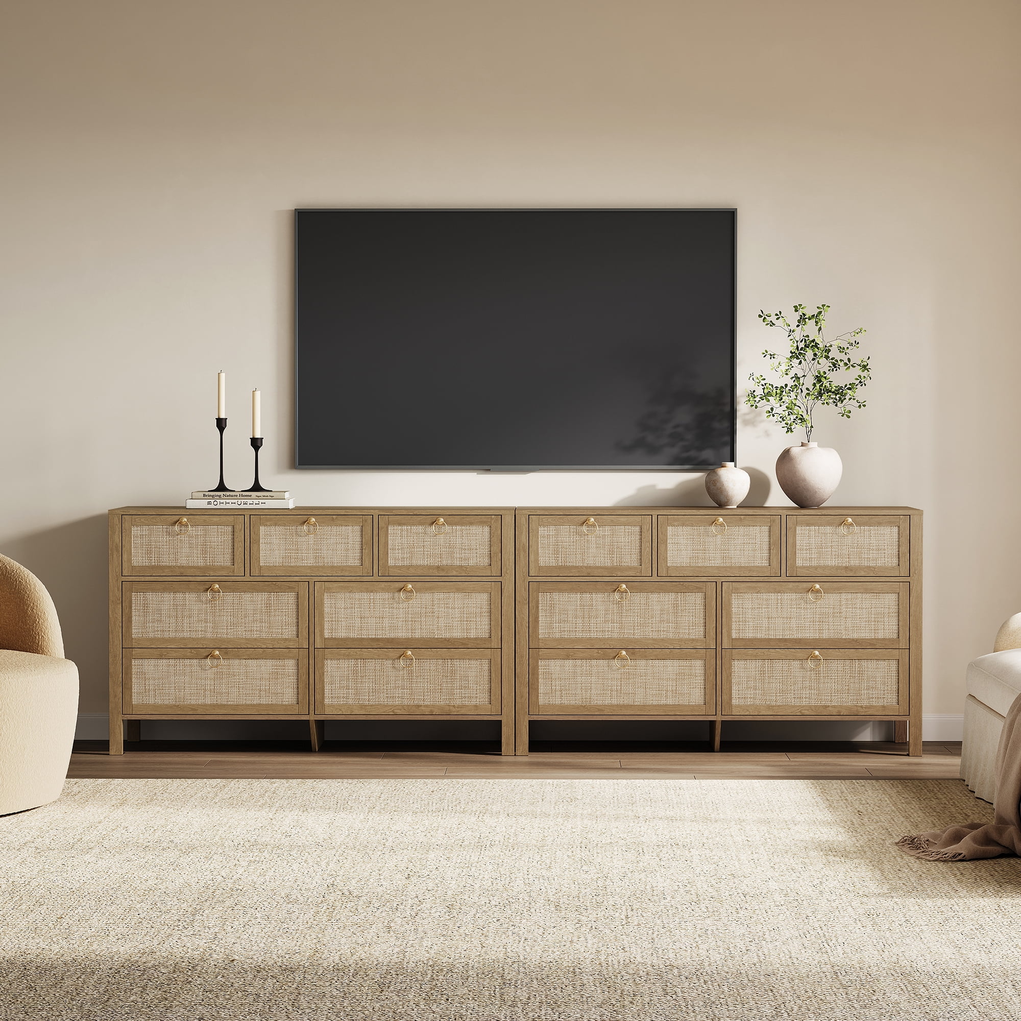 SICOTAS 51.18" Wide Boho Dresser with 7 Storage Drawers,Rattan Chest of Drawer for Bedroom, Large Capacity Organizer TV Center for Living Room in Carbon Cherry Oak