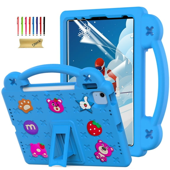 Dteck for iPad 10th Generation Case with Screen Protector, DIY Cute Cartoon Toys for Kids Child Proof Shockproof Protective Kids Case with Handle Stand Pencil Holder for 10.9" iPad 10th Gen,Blue