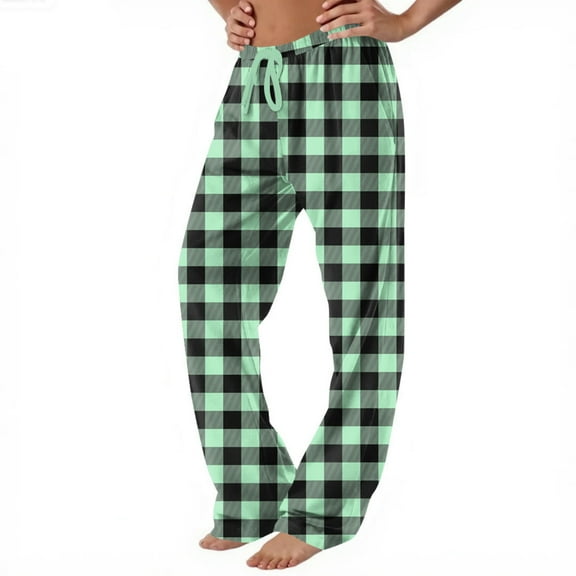 Fabrcox Oversized Woman Plaid Pajama Pants Elastic Waist Drawstring S-3xl Pj Bottoms Casual Wide Leg Comfy Sleepwear Pants Green 2XL
