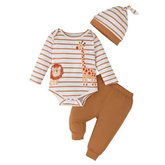 Kucnuzki Infant Baby Boys Outfit Set 12-18 Months Boy Clothes Long Sleeves Romper Striped Lion Print Top Solid Color Pants with Hat 3pcs Clothing Shower Gift Brown