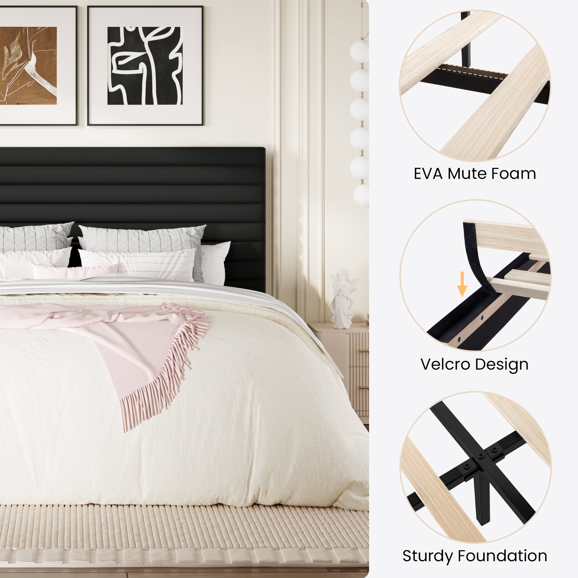 Sha Cerlin Full Size Platform Bed Frame with Velvet Adjustable Headboard, No Box Spring Needed, Black