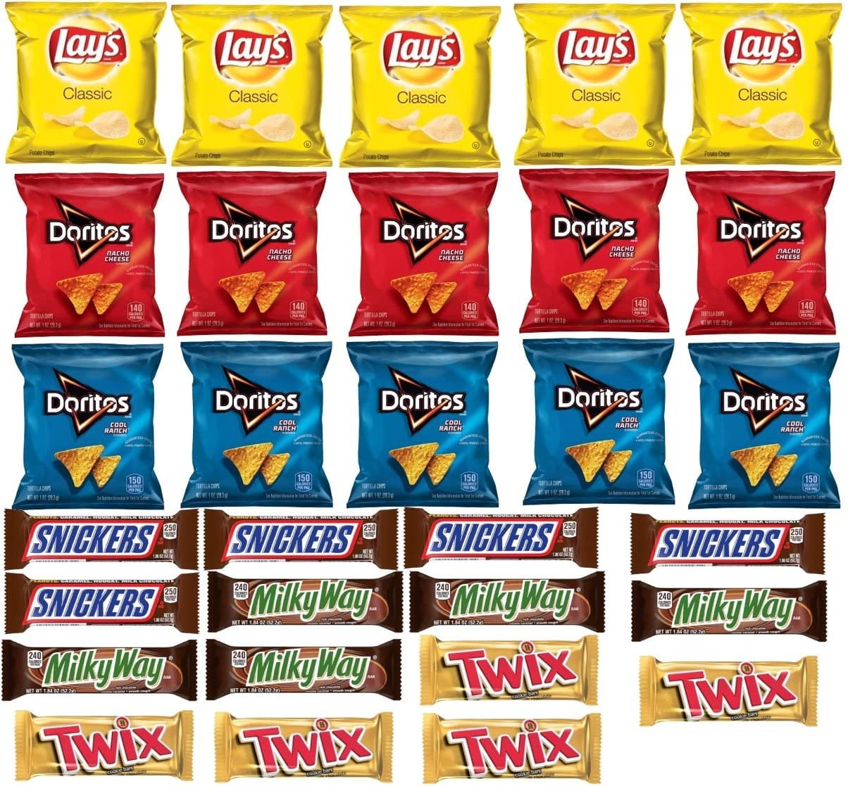 Frito-Lay Classic, Doritos Nacho Cheese, Cool Ranch chips, Snickers, Milky Way and Twix Verity Snack Pack Mix 30 Piece Assortment