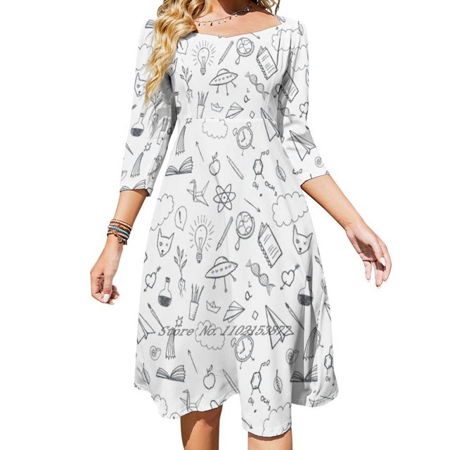 Robe à Manches Courtes Imprimée avec Poches, Col en V, Thème de la Rentrée Scolaire, Fond Griffonné, 5TG Avion Livre