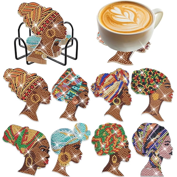 African American Diamond Painting Coasters - 8 PCS Diamond Art Coasters Kits for Drinks Coffee DIY Art Craft Supplies Birthday Holiday for Adult Beginners Black Women Lady