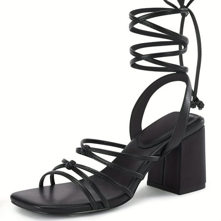 FLTHDD Womens Lace Up Thick Heeled Sandals Lace Up Thick Heeled Square Toe Formal Shoes Gift