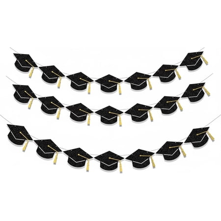 3 Pack Graduation Cap Banners - Class of 2026 Party Supplies, Glitter Grad Caps Garland for Graduation Decorations