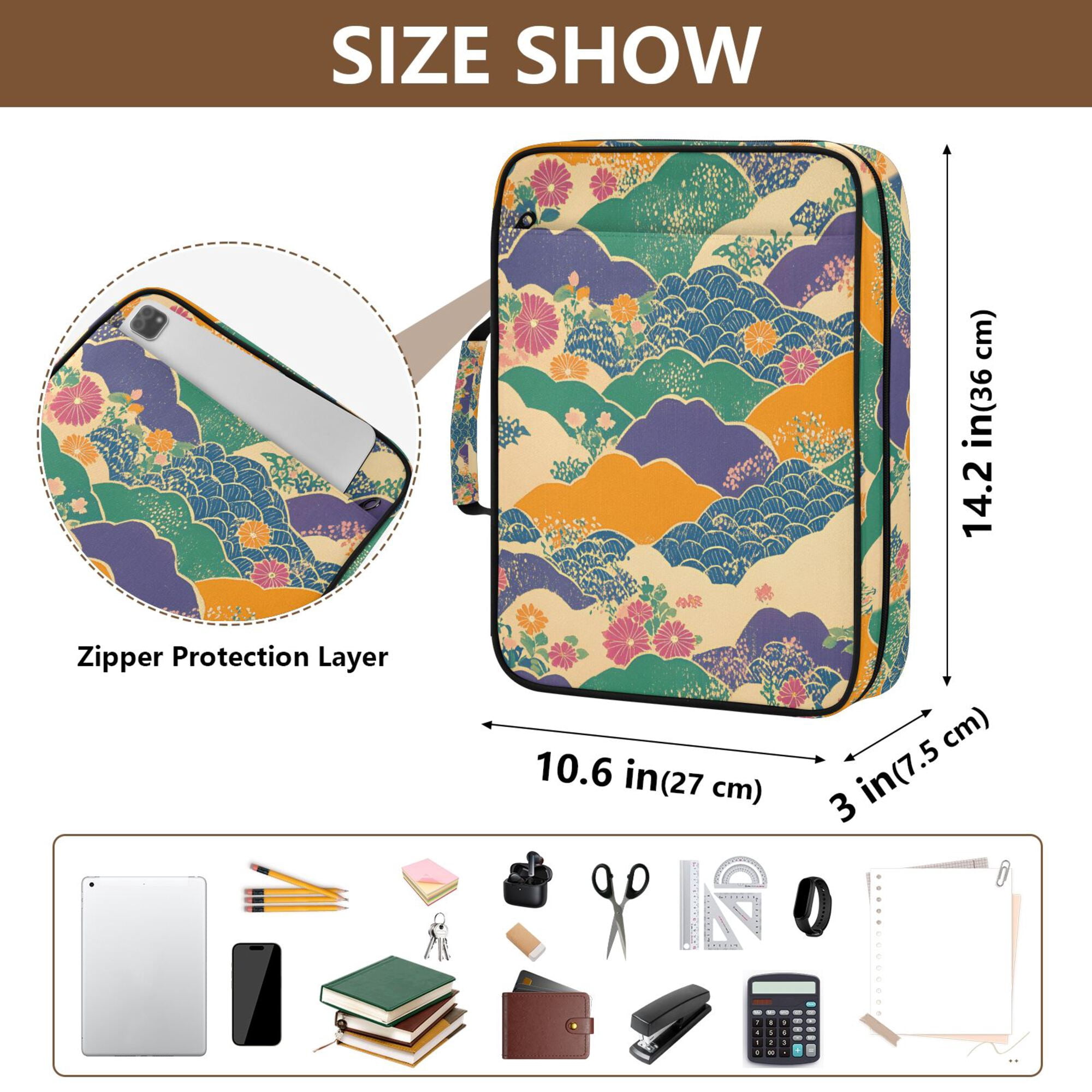 FORMRS Accordion File Folder A4 Size 7-Pocket Expanding Document Organizer Bag with 3 Ring Binder, Beige Floral Wave