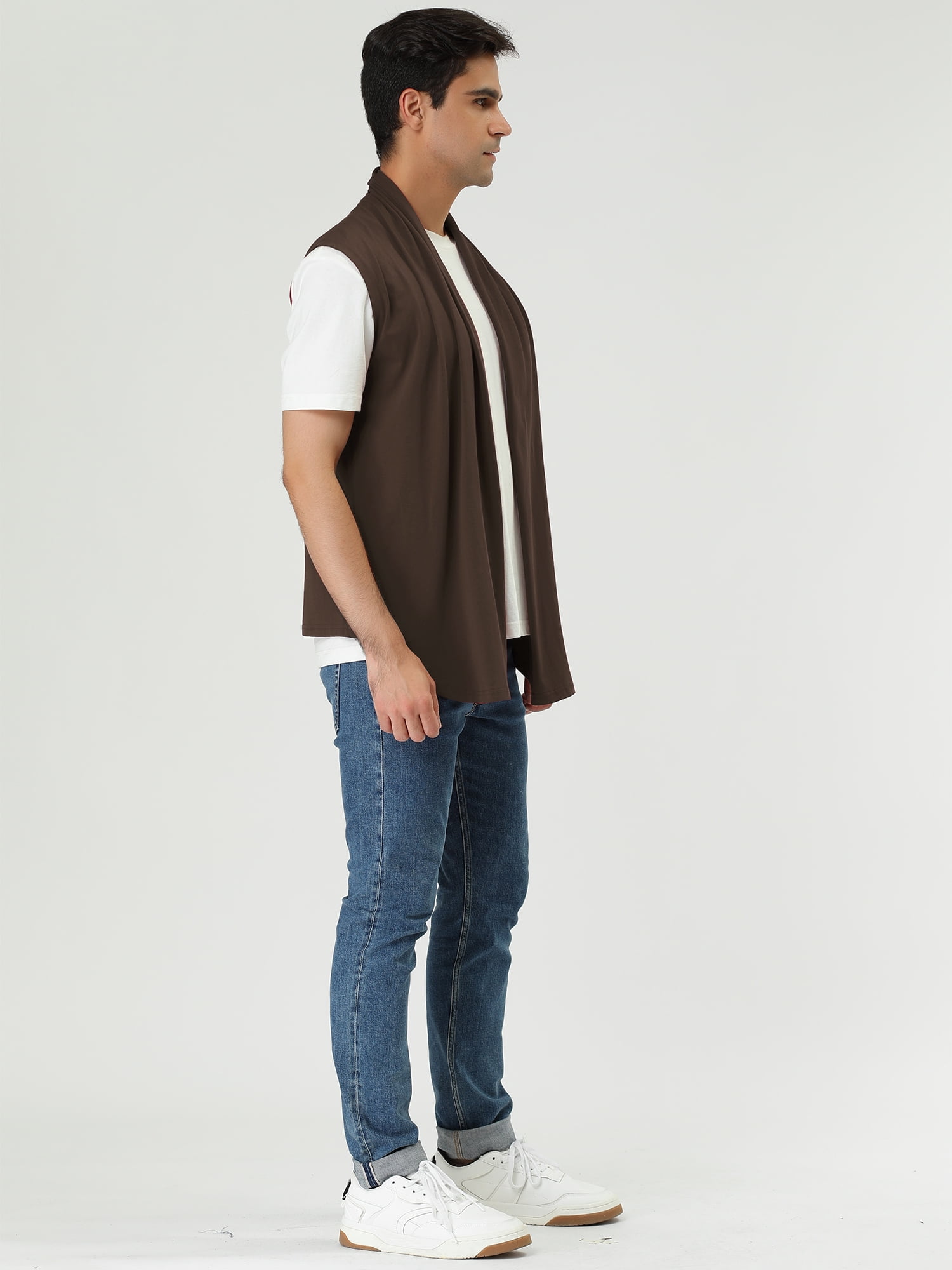 DARING DIVA Men's Sleeveless Open Front Asymmetric Hem Cardigan Vest 50 Brown