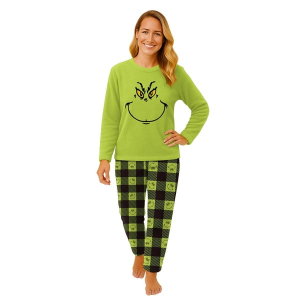 Moonsky-Green Flannel Christmas Pajamas For Family Parent-child Warm Christmas Set Monster Emoji Printed Home Wear Pajamas Two-piece Mom Set Matching Christmas Pjs For Family#Women L