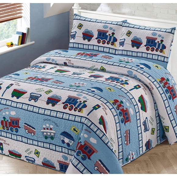 Kids Zone Home Ensemble de Courtepointe en Lin 3 Pcs pour Lit Complet/Grand pour Garçons Multi-Couleur Train Choo-Choo Rail Routes Pistes Chariot Bleu Blanc Rouge